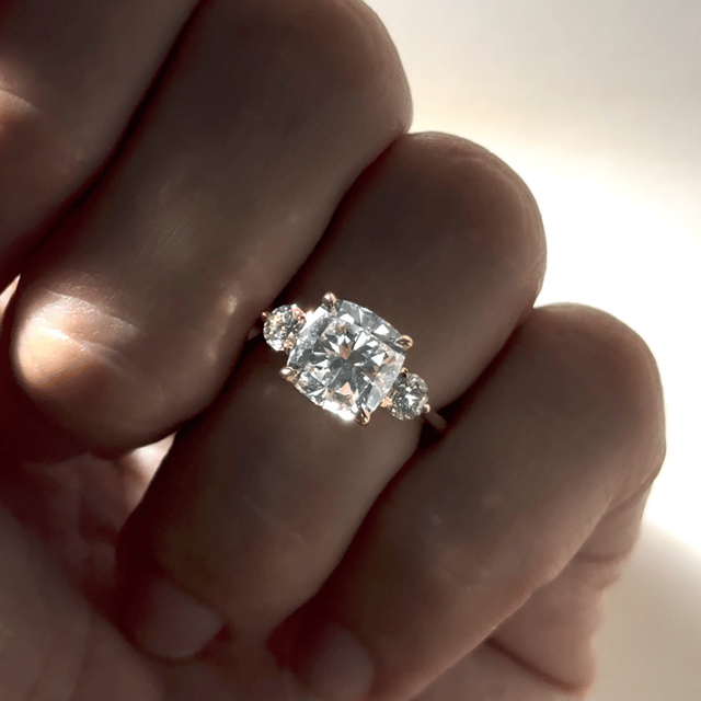 1.50 Carat Lab Grown Cushion Diamond Trilogy Engagement Ring in Yellow Gold - Trinity