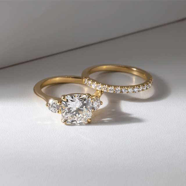 2.30 Carat Lab Grown Cushion Diamond Trilogy Engagement Ring in Yellow Gold - Trinity