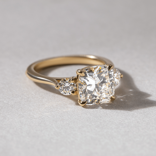 2.30 Carat Lab Grown Cushion Diamond Trilogy Engagement Ring in Yellow Gold - Trinity