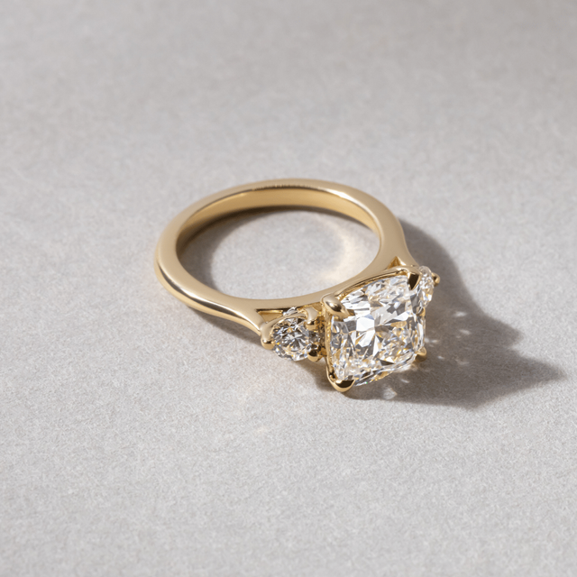 2.30 Carat Lab Grown Cushion Diamond Trilogy Engagement Ring in Yellow Gold - Trinity