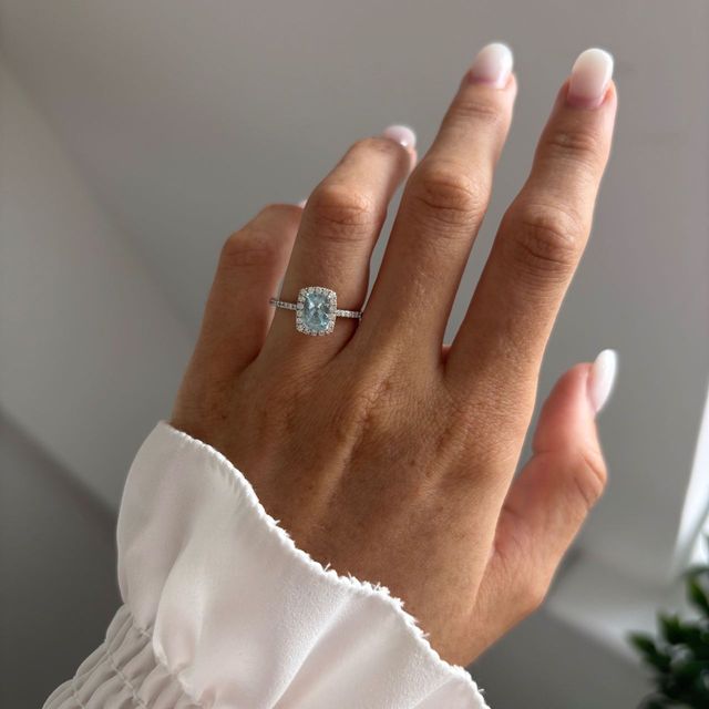 1.50 Carat Natural Elongated Cushion Aquamarine Diamond Halo Engagement Ring in White Gold - Maya Petite