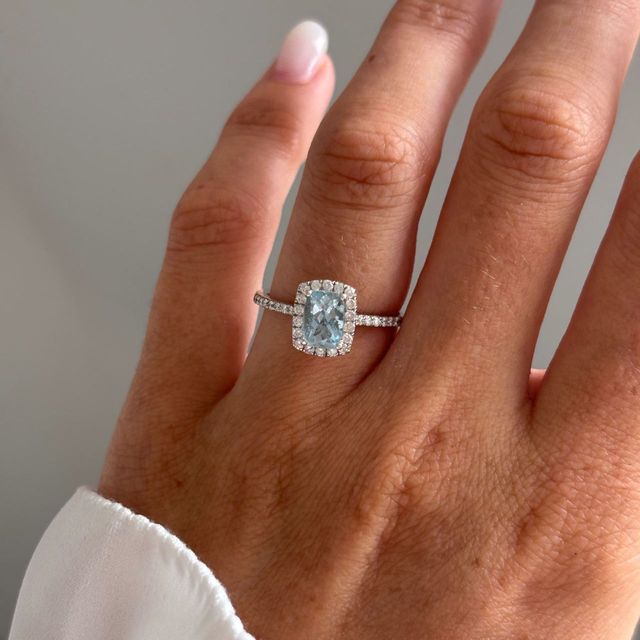 1.50 Carat Natural Elongated Cushion Aquamarine Diamond Halo Engagement Ring in White Gold - Maya Petite
