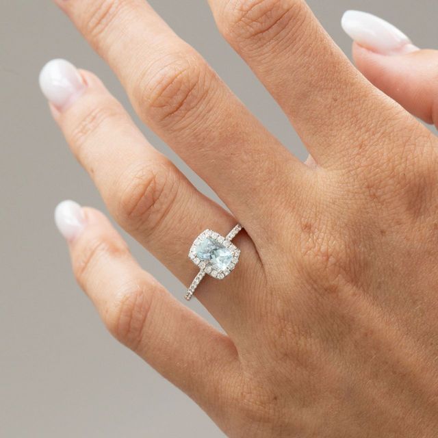 1.50 Carat Natural Elongated Cushion Aquamarine Diamond Halo Engagement Ring in White Gold - Maya Petite