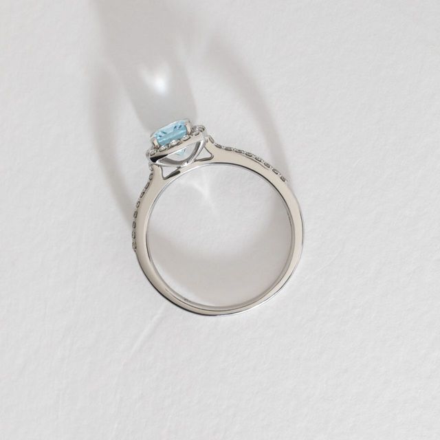 1.50 Carat Natural Elongated Cushion Aquamarine Diamond Halo Engagement Ring in White Gold - Maya Petite
