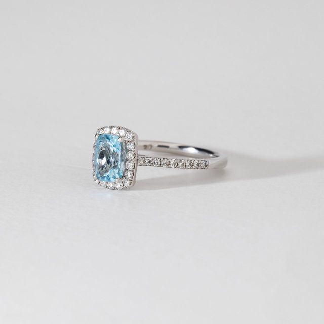 1.50 Carat Natural Elongated Cushion Aquamarine Diamond Halo Engagement Ring in White Gold - Maya Petite