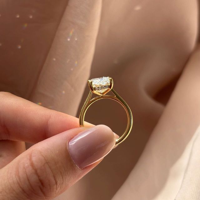 5 Carat Lab Grown Elongated Cushion Hidden Halo Engagement Ring in Yellow Gold - Geraldine