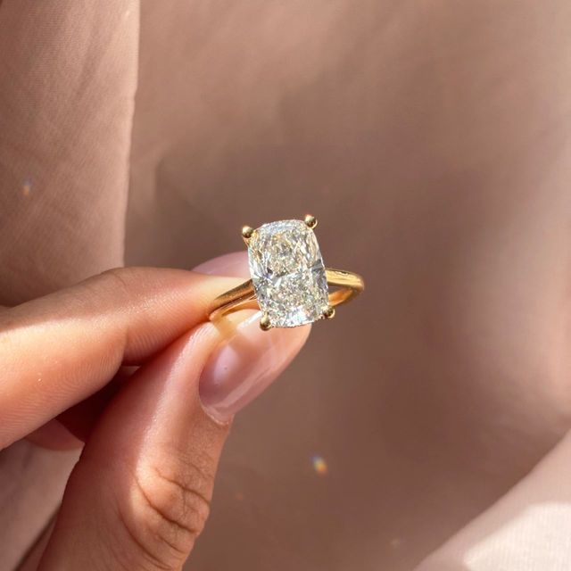 5 Carat Lab Grown Elongated Cushion Hidden Halo Engagement Ring in Yellow Gold - Geraldine