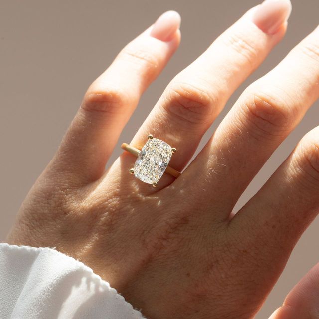 5 Carat Lab Grown Elongated Cushion Hidden Halo Engagement Ring in Yellow Gold - Geraldine