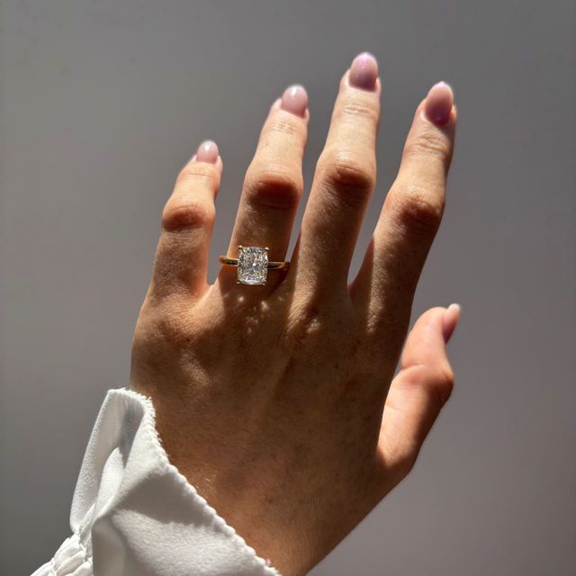 3.30 Carat Lab Grown Elongated Cushion Diamond Hidden Halo Engagement Ring in Yellow Gold - Kate