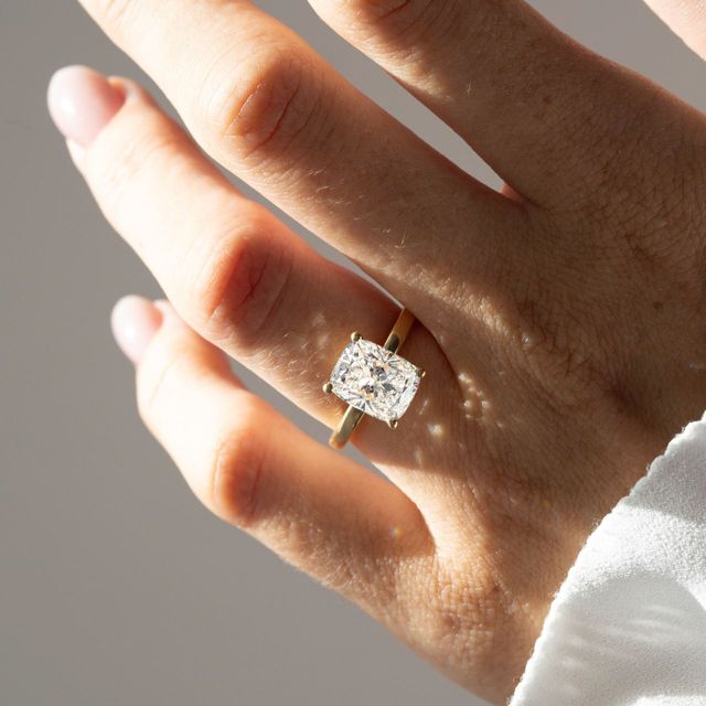 3.30 Carat Lab Grown Elongated Cushion Diamond Hidden Halo Engagement Ring in Yellow Gold - Kate