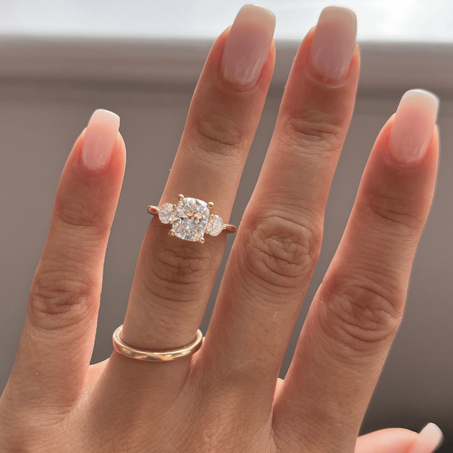 1.60 Carat Lab Grown Elongated Cushion Diamond Trilogy Engagement Ring in Yellow Gold - Trinity