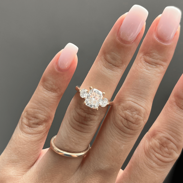 1.60 Carat Lab Grown Elongated Cushion Diamond Trilogy Engagement Ring in Yellow Gold - Trinity