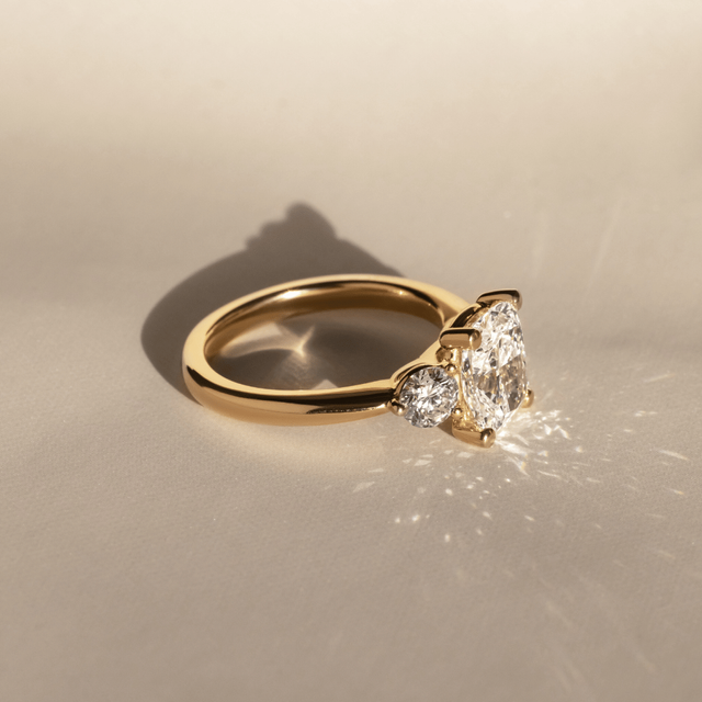 1.60 Carat Lab Grown Elongated Cushion Diamond Trilogy Engagement Ring in Yellow Gold - Trinity