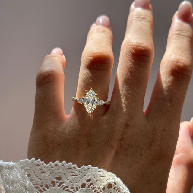 2 Carat Lab Grown Marquise Diamond Trilogy Engagement Ring in Yellow Gold - Vivian Pavé