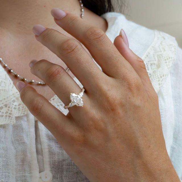 2 Carat Lab Grown Marquise Diamond Trilogy Engagement Ring in Yellow Gold - Vivian Pavé
