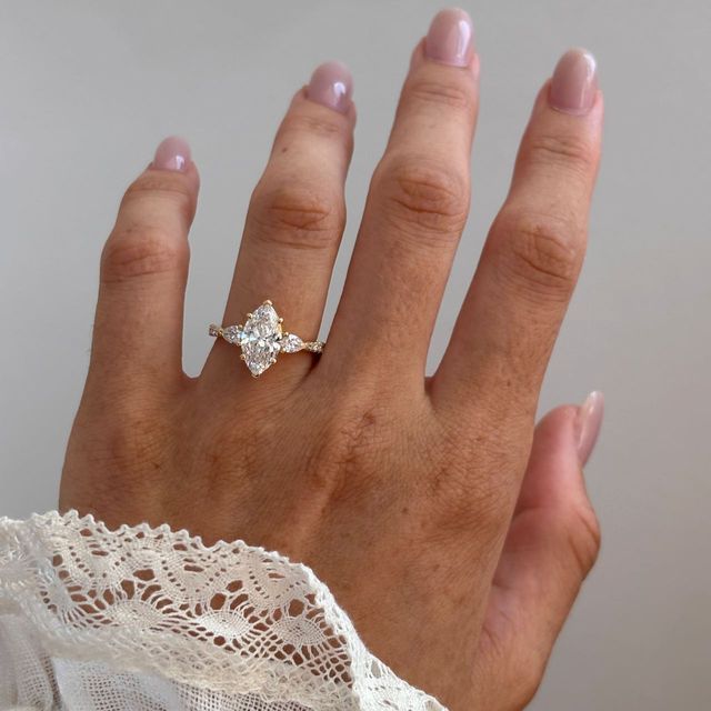 2 Carat Lab Grown Marquise Diamond Trilogy Engagement Ring in Yellow Gold - Vivian Pavé