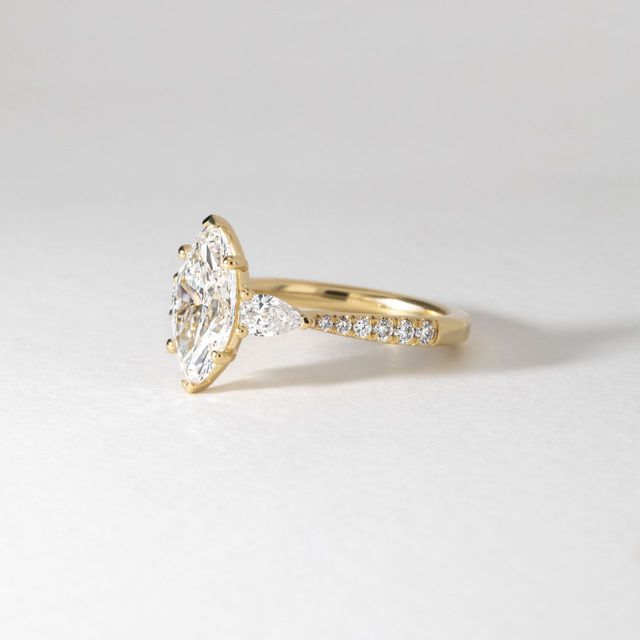 2 Carat Lab Grown Marquise Diamond Trilogy Engagement Ring in Yellow Gold - Vivian Pavé
