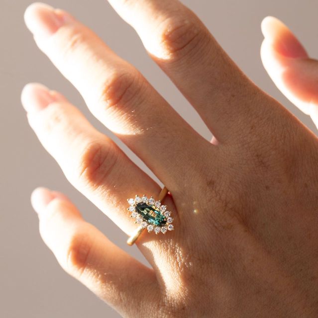 1.38 Carat Natural Marquise Teal Sapphire Cluster Engagement Ring in Yellow Gold - Windermere