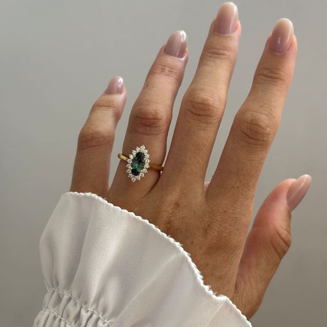 1.38 Carat Natural Marquise Teal Sapphire Cluster Engagement Ring in Yellow Gold - Windermere