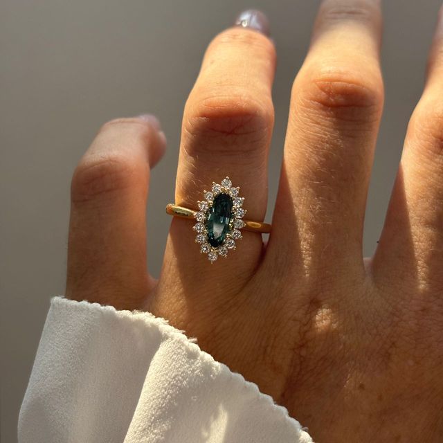 1.38 Carat Natural Marquise Teal Sapphire Cluster Engagement Ring in Yellow Gold - Windermere