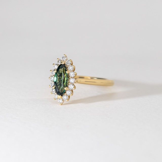 1.38 Carat Natural Marquise Teal Sapphire Cluster Engagement Ring in Yellow Gold - Windermere