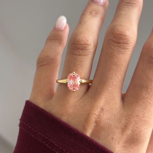 2.39 Carat Elongated Cushion Old Mine Cut Pink Diamond Solitaire Engagement Ring in Yellow Gold - Blair