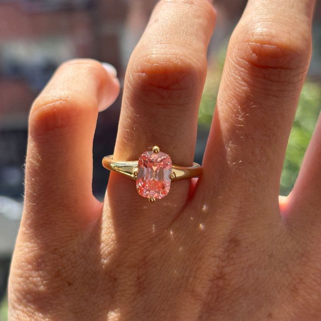 2.39 Carat Elongated Cushion Old Mine Cut Pink Diamond Solitaire Engagement Ring in Yellow Gold - Blair