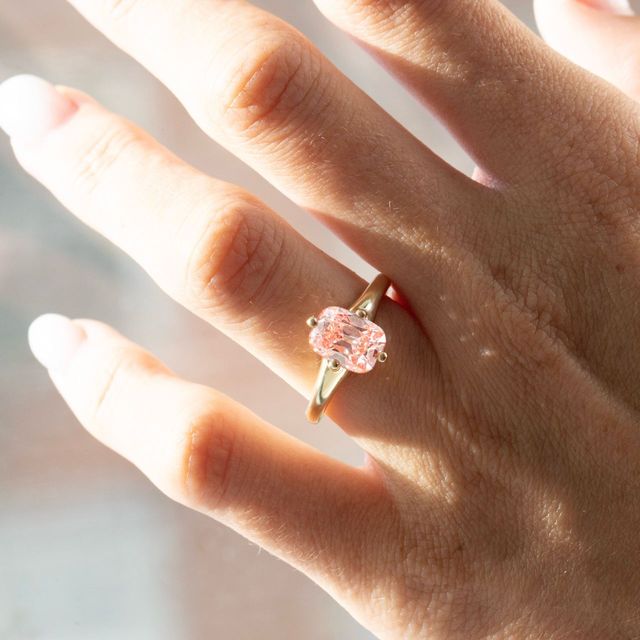 2.39 Carat Elongated Cushion Old Mine Cut Pink Diamond Solitaire Engagement Ring in Yellow Gold - Blair