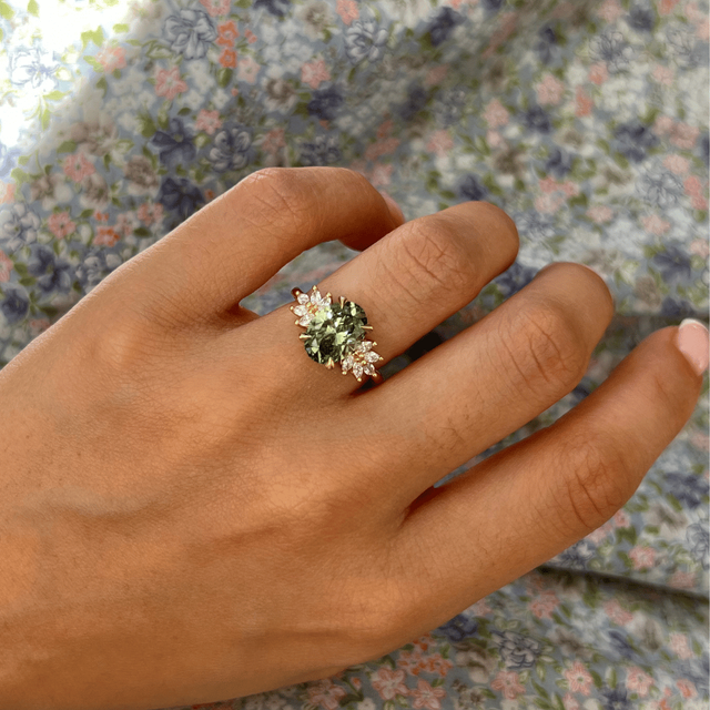 2.20 Carat Lab Grown Oval Green Diamond Cluster Engagement Ring in Yellow Gold - Anastasia