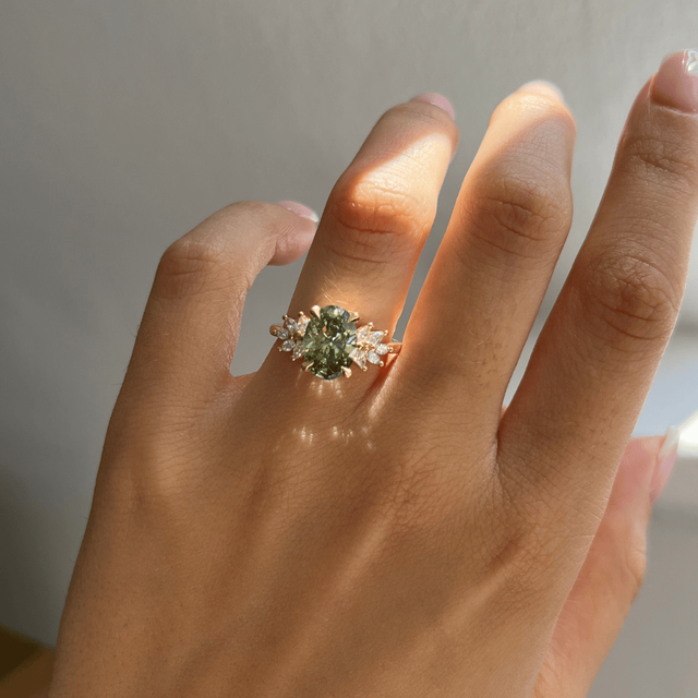 2.20 Carat Lab Grown Oval Green Diamond Cluster Engagement Ring in Yellow Gold - Anastasia