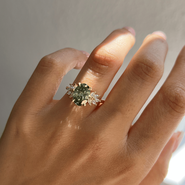 2.20 Carat Lab Grown Oval Green Diamond Cluster Engagement Ring in Yellow Gold - Anastasia
