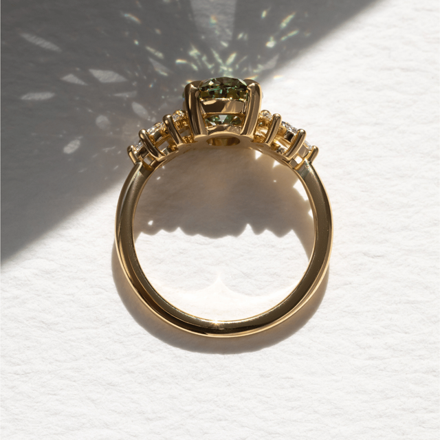 2.20 Carat Lab Grown Oval Green Diamond Cluster Engagement Ring in Yellow Gold - Anastasia