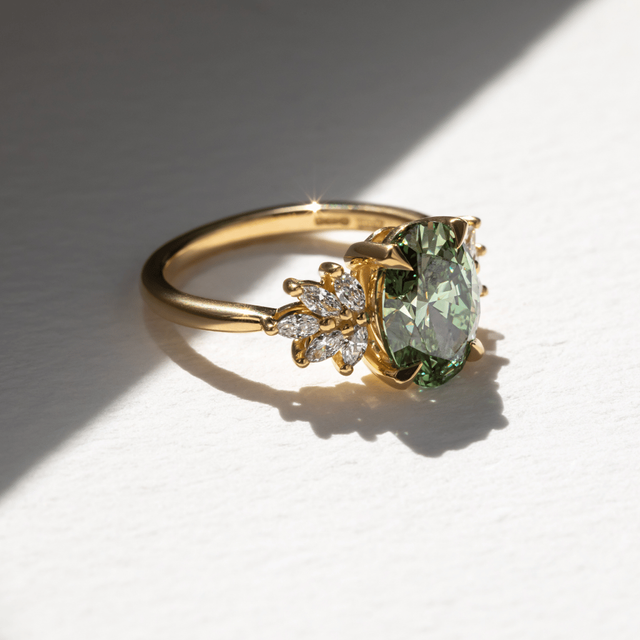 2.20 Carat Lab Grown Oval Green Diamond Cluster Engagement Ring in Yellow Gold - Anastasia