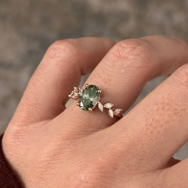 1.50 Carat Lab Grown Oval Green Diamond Cluster Engagement Ring in Yellow Gold - Elea