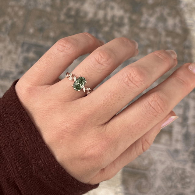 1.50 Carat Lab Grown Oval Green Diamond Cluster Engagement Ring in Yellow Gold - Elea