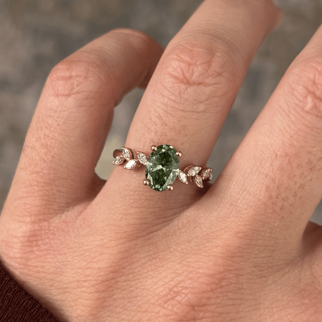 1.50 Carat Lab Grown Oval Green Diamond Cluster Engagement Ring in Yellow Gold - Elea