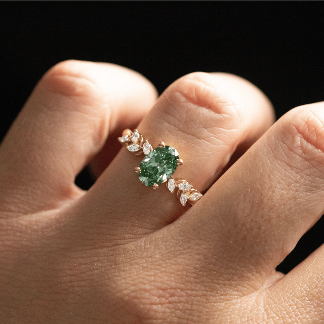 1.50 Carat Lab Grown Oval Green Diamond Cluster Engagement Ring in Yellow Gold - Elea