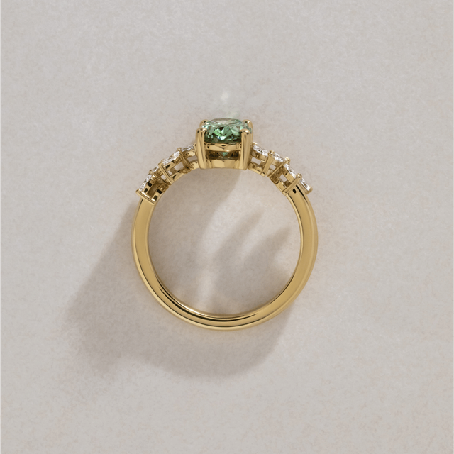 1.50 Carat Lab Grown Oval Green Diamond Cluster Engagement Ring in Yellow Gold - Elea