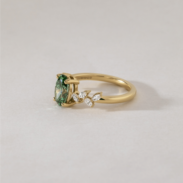 1.50 Carat Lab Grown Oval Green Diamond Cluster Engagement Ring in Yellow Gold - Elea