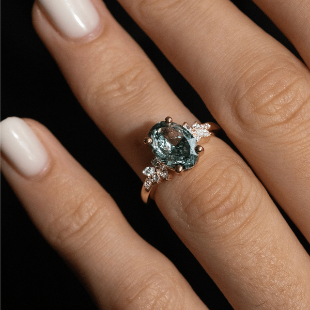 2.50 Carat Lab Grown Oval Green Diamond Cluster Engagement Ring in Yellow Gold - Sphinx