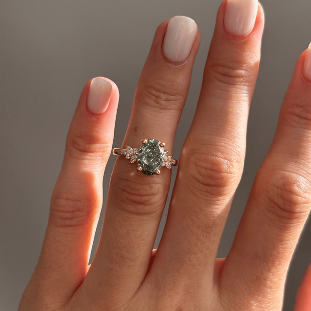 2.50 Carat Lab Grown Oval Green Diamond Cluster Engagement Ring in Yellow Gold - Sphinx
