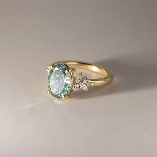 2.50 Carat Lab Grown Oval Green Diamond Cluster Engagement Ring in Yellow Gold - Sphinx