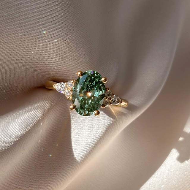 3 Carat Lab Grown Oval Green Diamond Cluster Engagement Ring in Yellow Gold - Nanami