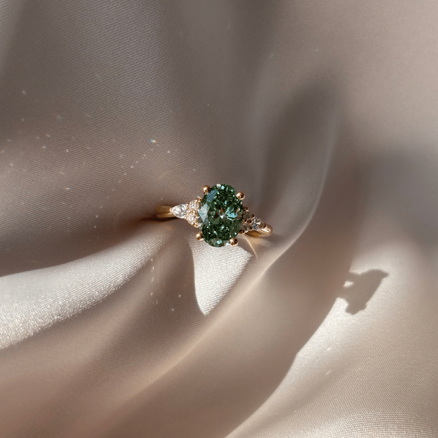 3 Carat Lab Grown Oval Green Diamond Cluster Engagement Ring in Yellow Gold - Nanami