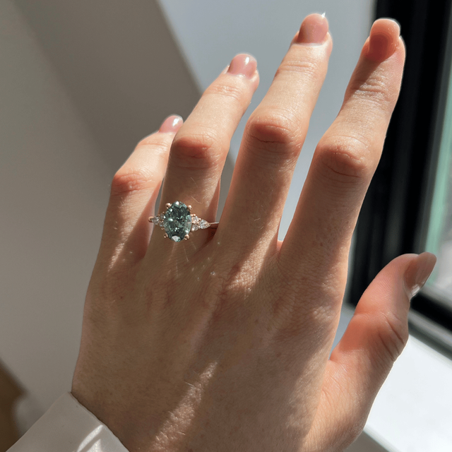 3 Carat Lab Grown Oval Green Diamond Cluster Engagement Ring in Yellow Gold - Nanami