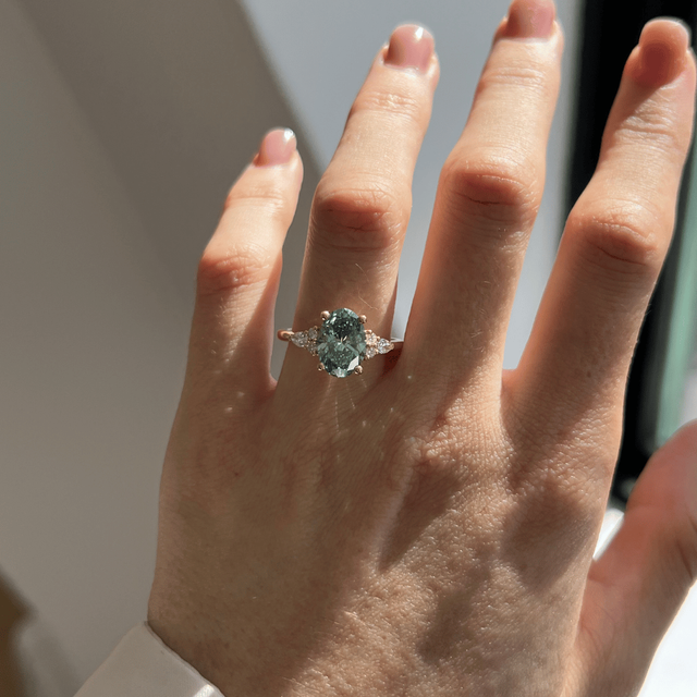 3 Carat Lab Grown Oval Green Diamond Cluster Engagement Ring in Yellow Gold - Nanami