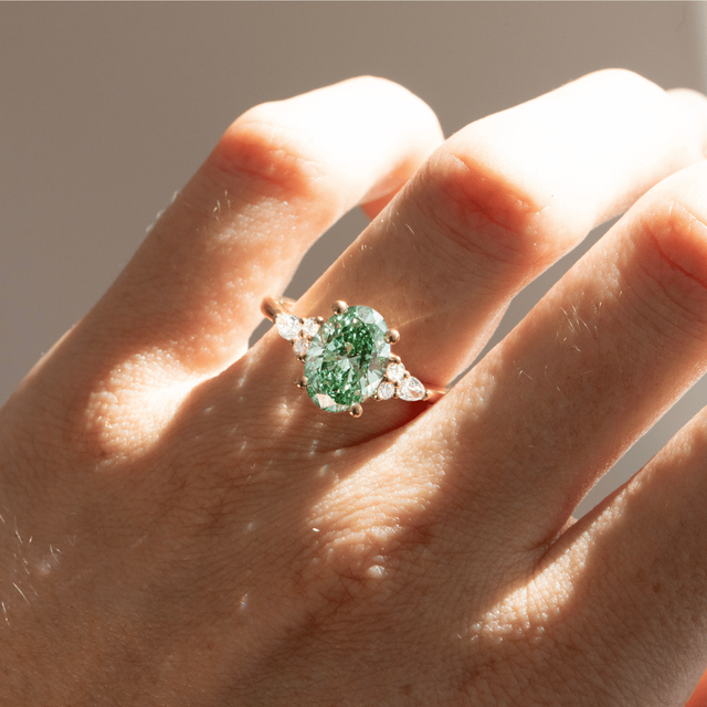 3 Carat Lab Grown Oval Green Diamond Cluster Engagement Ring in Yellow Gold - Nanami