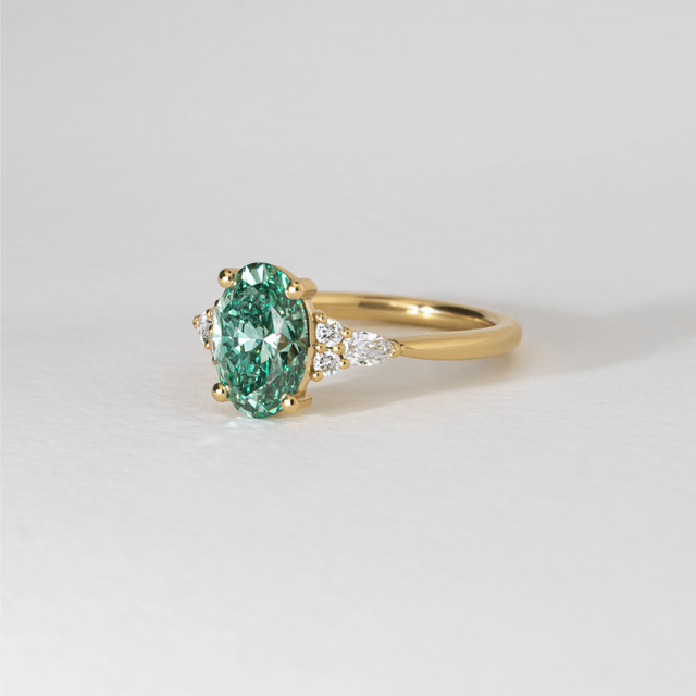 3 Carat Lab Grown Oval Green Diamond Cluster Engagement Ring in Yellow Gold - Nanami