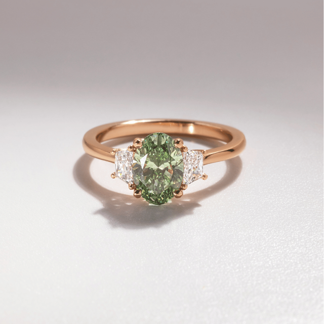 1.60 Carat Lab Grown Oval Green Diamond Trilogy Engagement Ring in Rose Gold - Treya