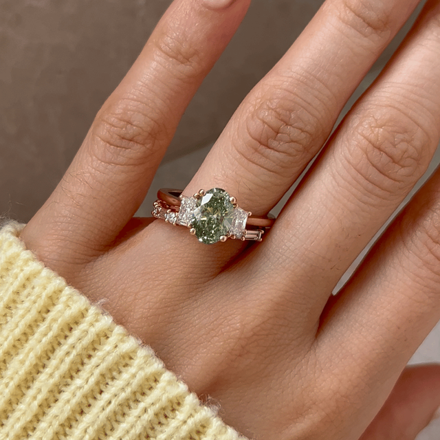 1.60 Carat Lab Grown Oval Green Diamond Trilogy Engagement Ring in Rose Gold - Treya